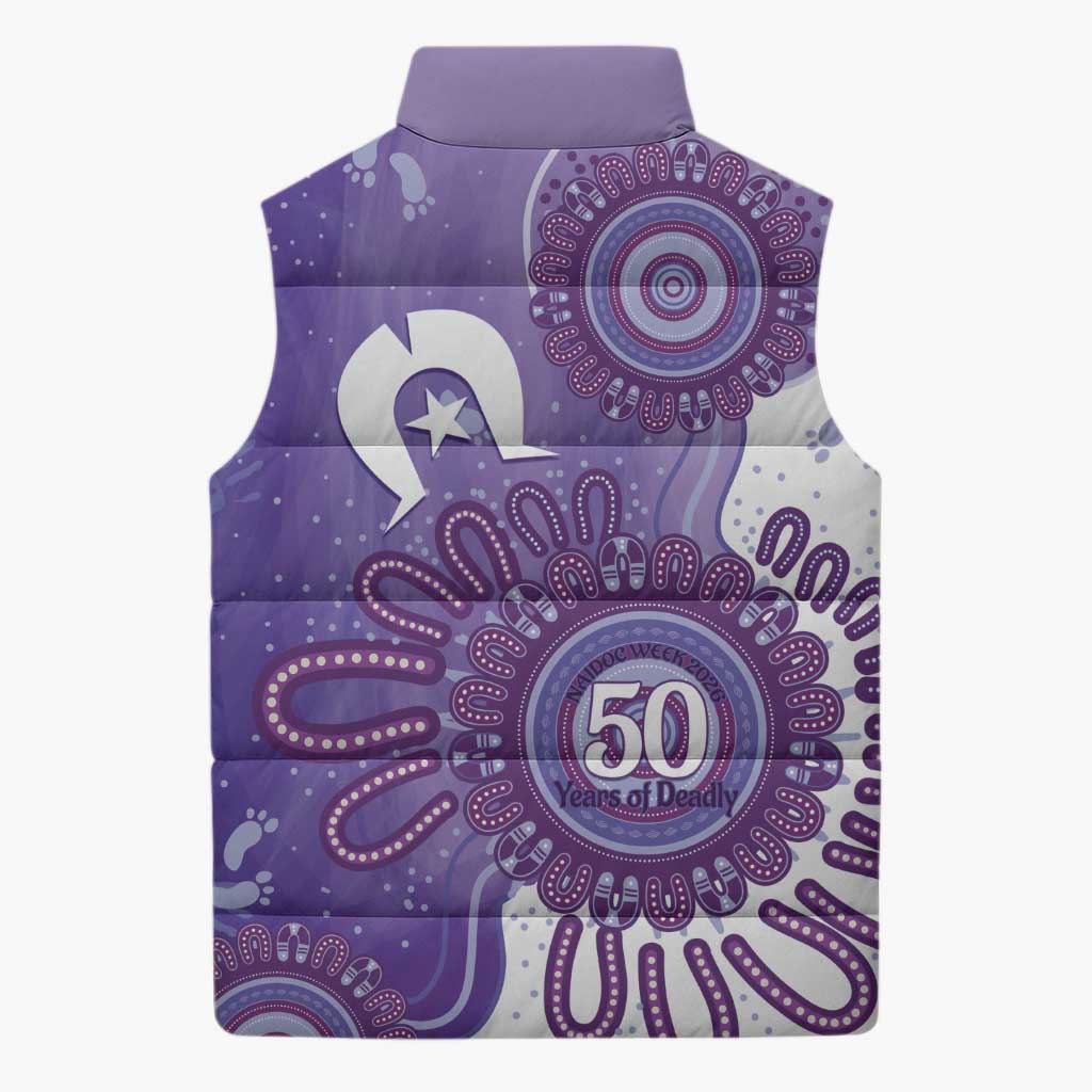 NAIDOC Week 2026 Sleeveless Puffer Jacket 50 Years Deadly Dhari Purple Aboriginal Art