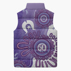 NAIDOC Week 2026 Sleeveless Puffer Jacket 50 Years Deadly Dhari Purple Aboriginal Art