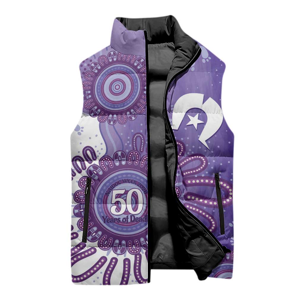 NAIDOC Week 2026 Sleeveless Puffer Jacket 50 Years Deadly Dhari Purple Aboriginal Art