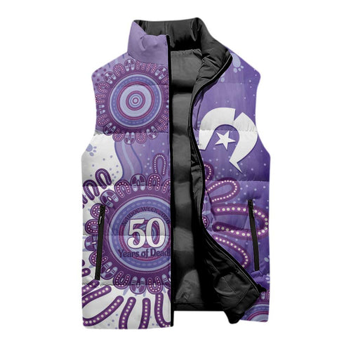 NAIDOC Week 2026 Sleeveless Puffer Jacket 50 Years Deadly Dhari Purple Aboriginal Art