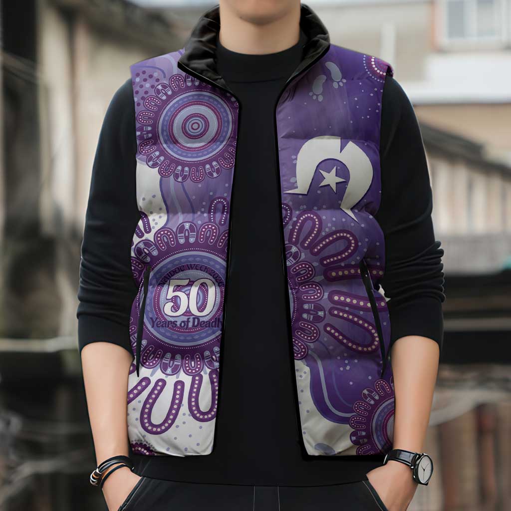 NAIDOC Week 2026 Sleeveless Puffer Jacket 50 Years Deadly Dhari Purple Aboriginal Art