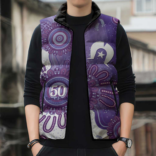 NAIDOC Week 2026 Sleeveless Puffer Jacket 50 Years Deadly Dhari Purple Aboriginal Art
