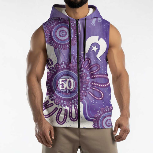 NAIDOC Week 2026 Sleeveless Zip Hoodie 50 Years Deadly Dhari Purple Aboriginal Art