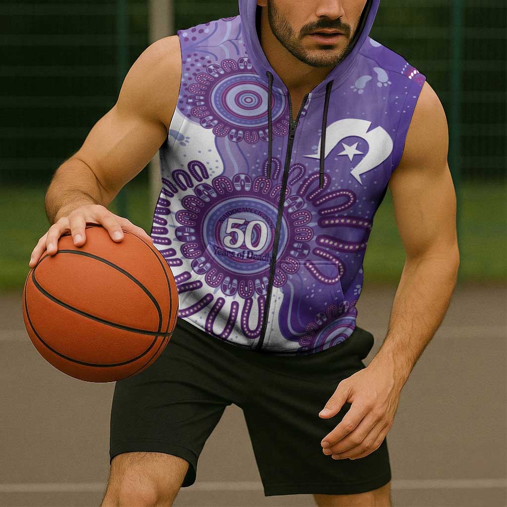 NAIDOC Week 2026 Sleeveless Zip Hoodie 50 Years Deadly Dhari Purple Aboriginal Art
