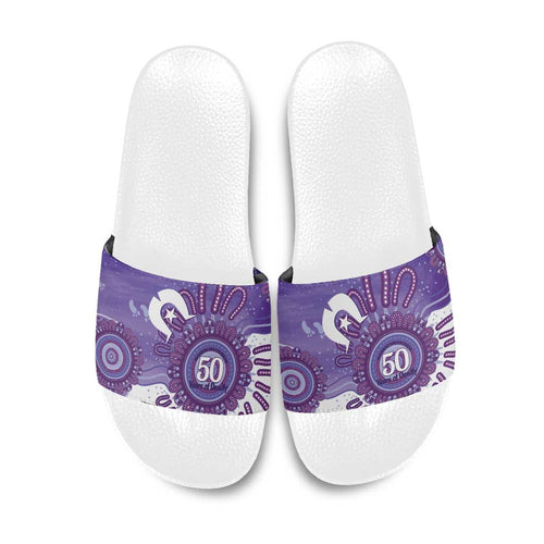 NAIDOC Week 2026 Slide Sandals 50 Years Deadly Dhari Purple Aboriginal Art