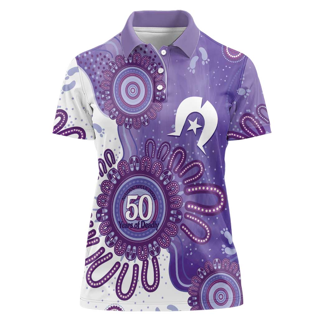 NAIDOC Week 2026 Women Polo Shirt 50 Years Deadly Dhari Purple Aboriginal Art