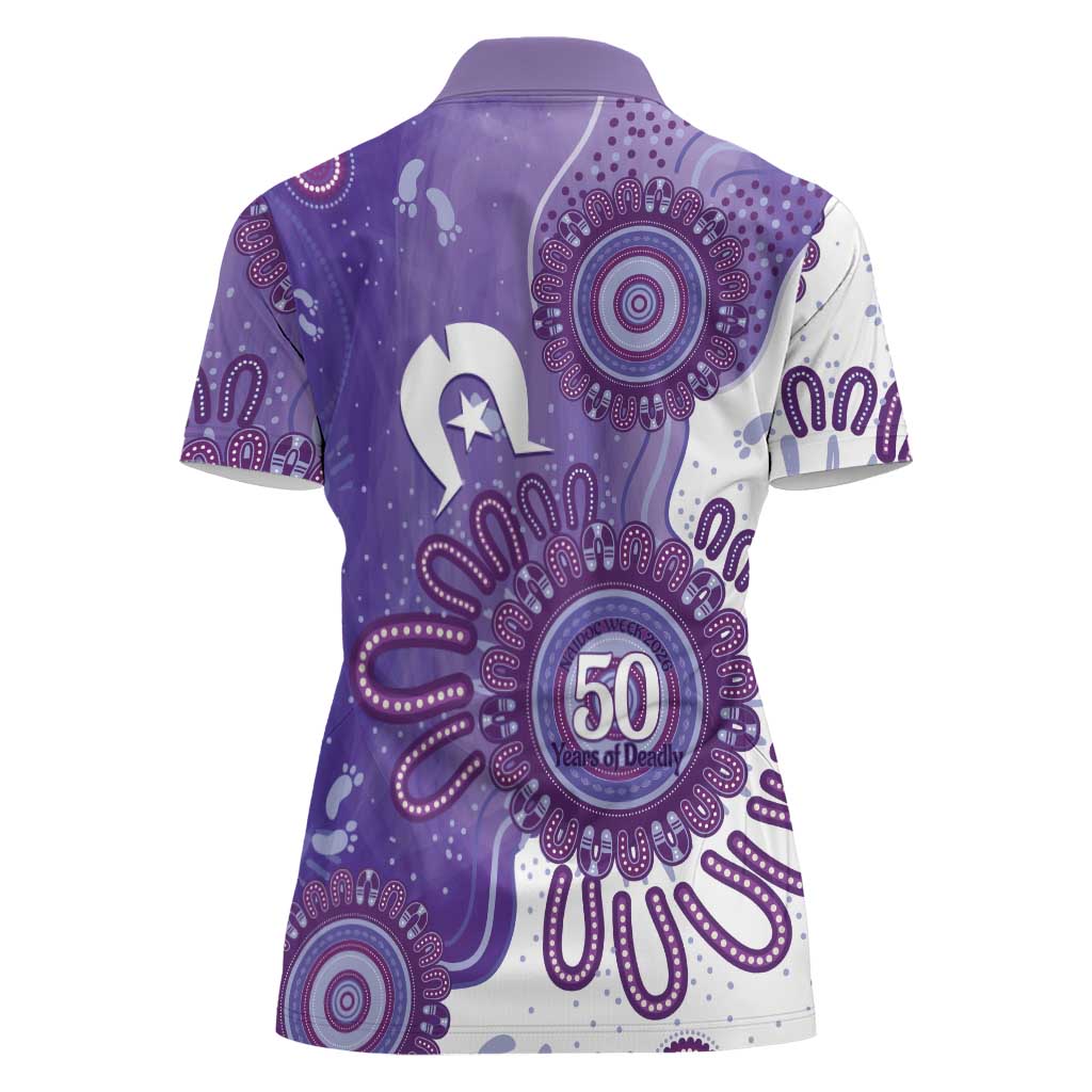 NAIDOC Week 2026 Women Polo Shirt 50 Years Deadly Dhari Purple Aboriginal Art