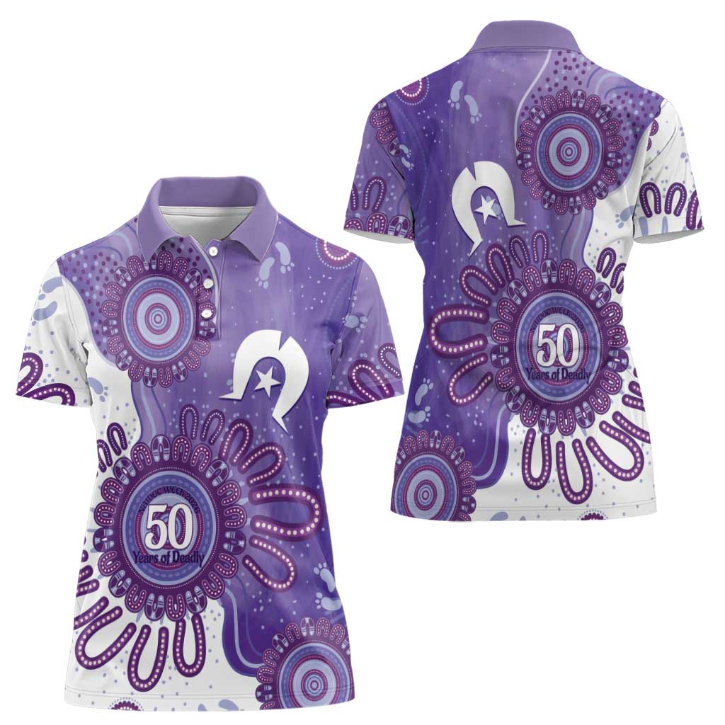 NAIDOC Week 2026 Women Polo Shirt 50 Years Deadly Dhari Purple Aboriginal Art