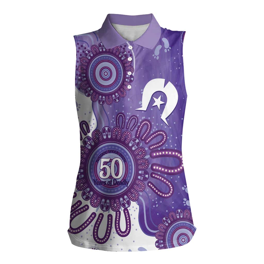 NAIDOC Week 2026 Women Sleeveless Polo Shirt 50 Years Deadly Dhari Purple Aboriginal Art