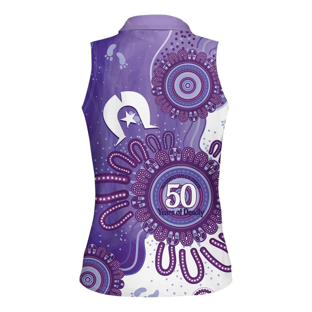 NAIDOC Week 2026 Women Sleeveless Polo Shirt 50 Years Deadly Dhari Purple Aboriginal Art