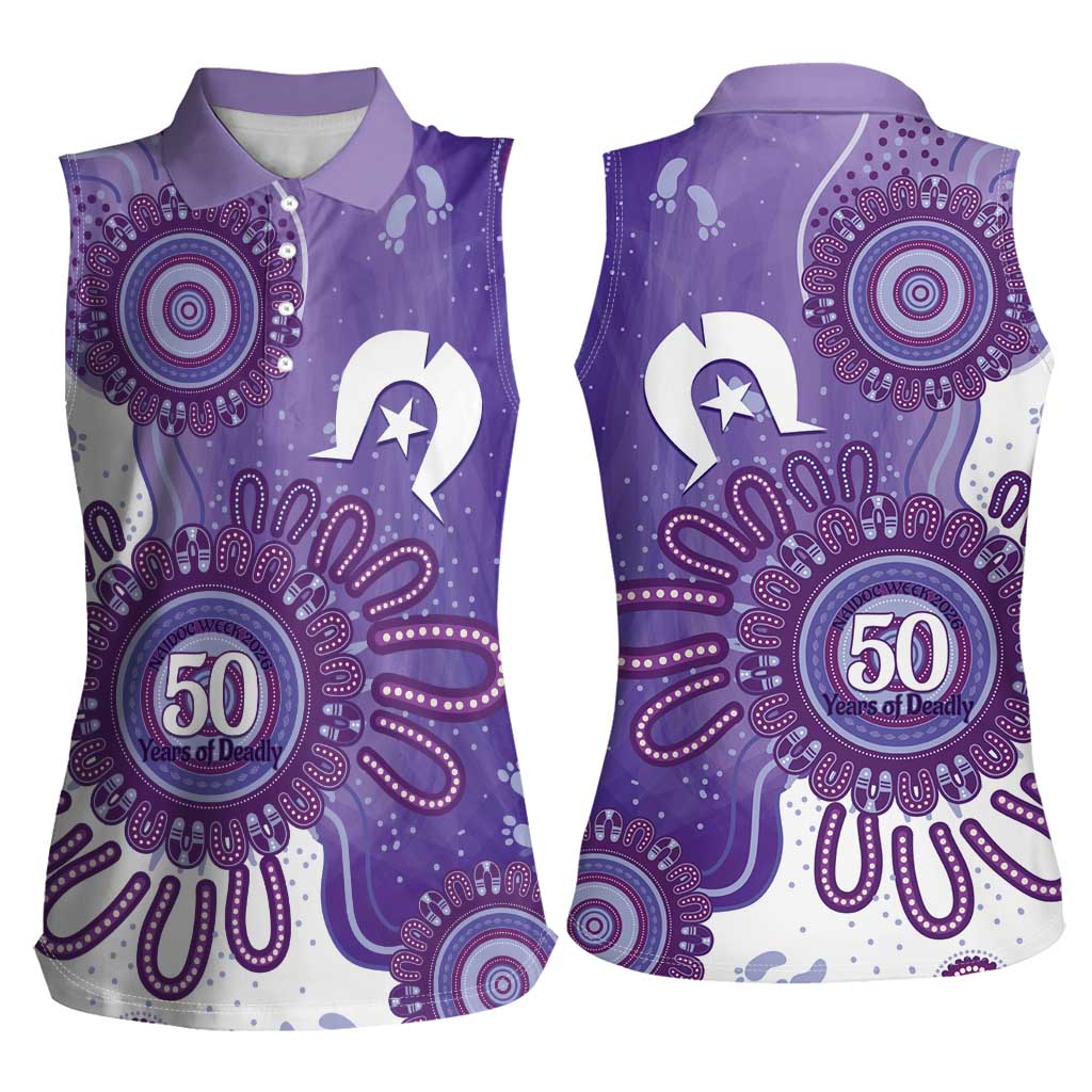 NAIDOC Week 2026 Women Sleeveless Polo Shirt 50 Years Deadly Dhari Purple Aboriginal Art