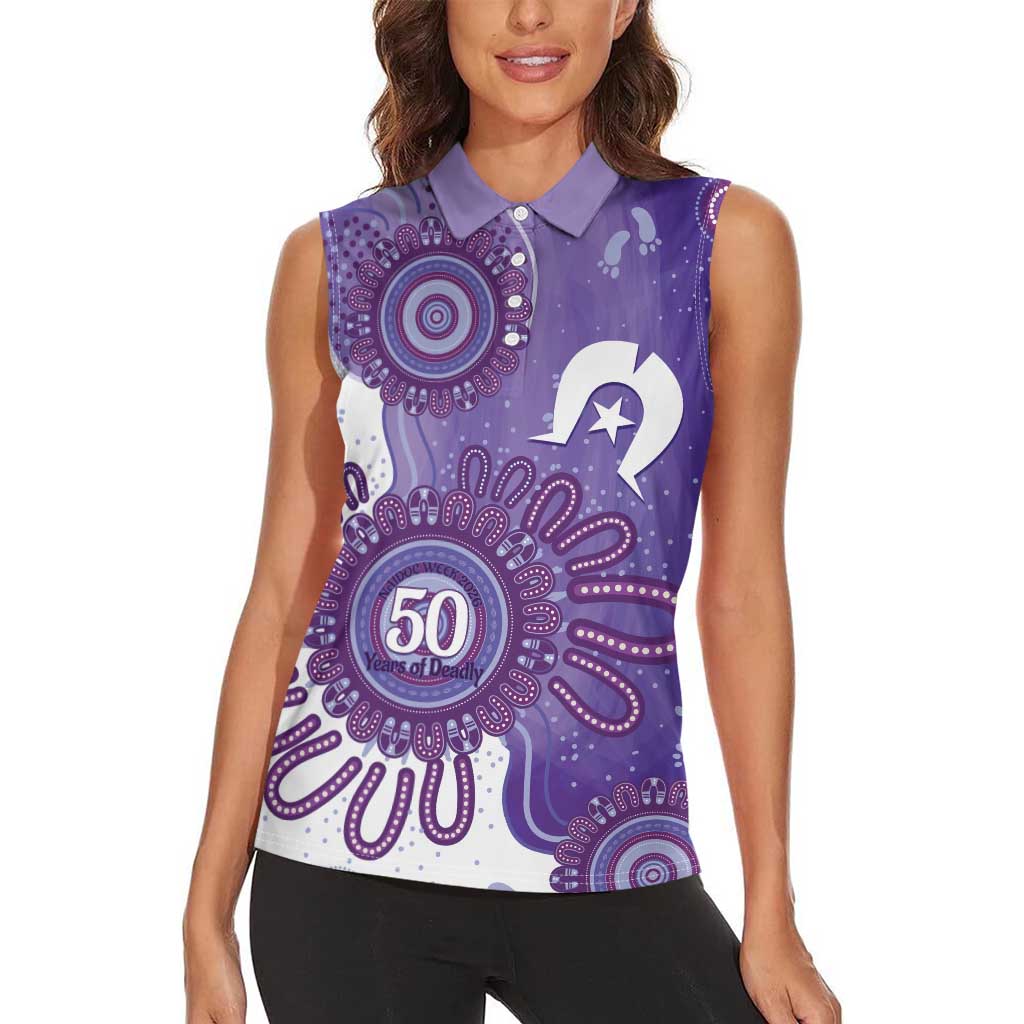 NAIDOC Week 2026 Women Sleeveless Polo Shirt 50 Years Deadly Dhari Purple Aboriginal Art