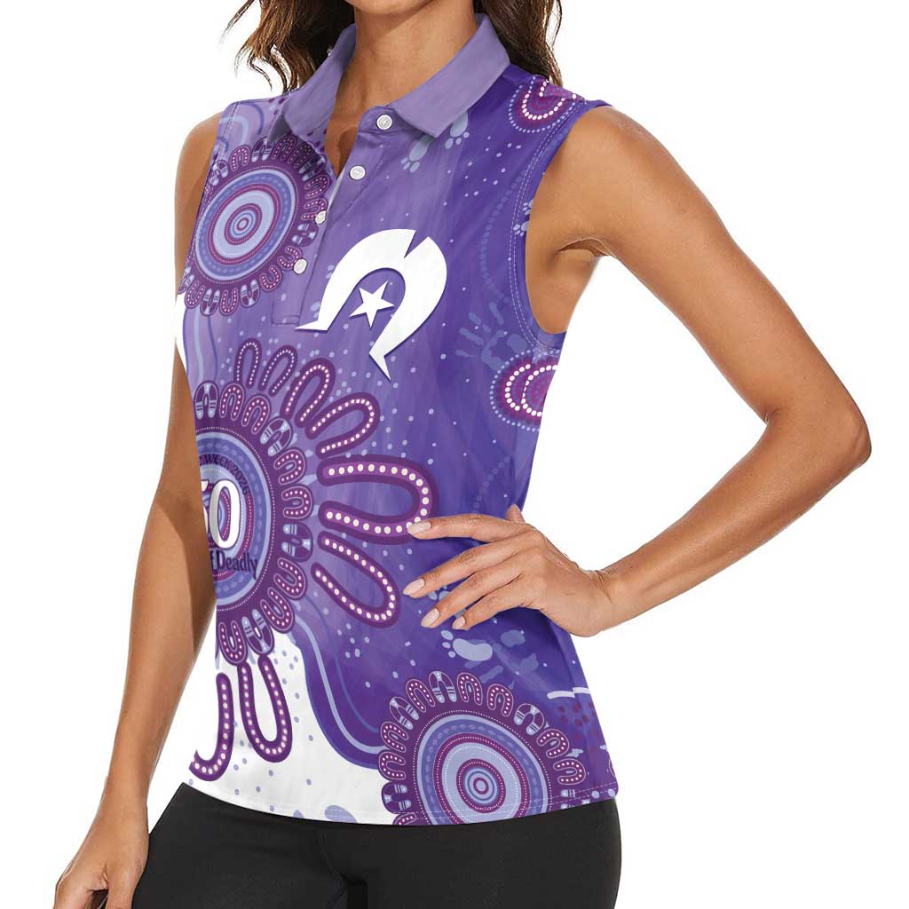 NAIDOC Week 2026 Women Sleeveless Polo Shirt 50 Years Deadly Dhari Purple Aboriginal Art