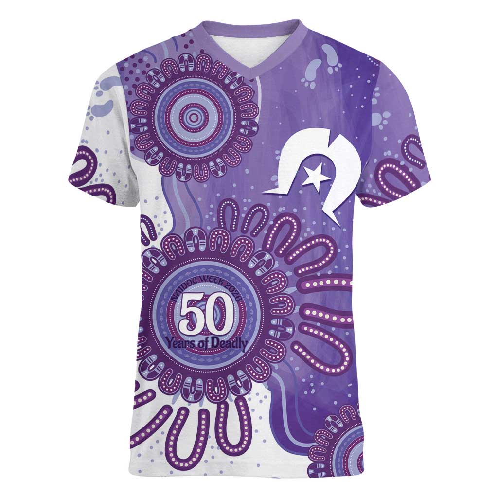 NAIDOC Week 2026 Women V-Neck T-Shirt 50 Years Deadly Dhari Purple Aboriginal Art