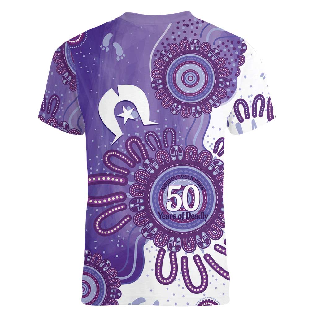 NAIDOC Week 2026 Women V-Neck T-Shirt 50 Years Deadly Dhari Purple Aboriginal Art
