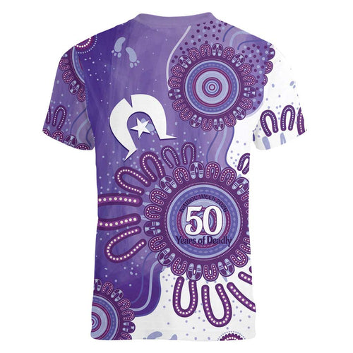 NAIDOC Week 2026 Women V-Neck T-Shirt 50 Years Deadly Dhari Purple Aboriginal Art