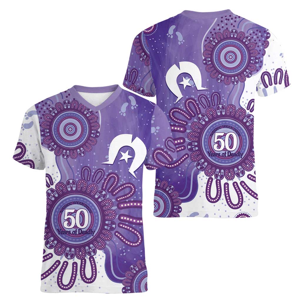 NAIDOC Week 2026 Women V-Neck T-Shirt 50 Years Deadly Dhari Purple Aboriginal Art