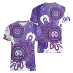 NAIDOC Week 2026 Women V-Neck T-Shirt 50 Years Deadly Dhari Purple Aboriginal Art