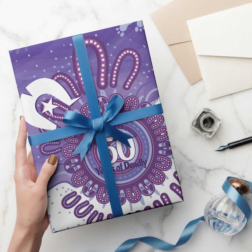 NAIDOC Week 2026 Wrapping Paper 50 Years Deadly Dhari Purple Aboriginal Art
