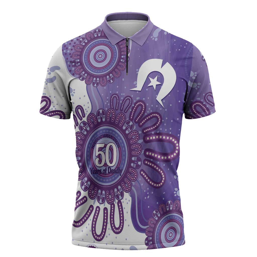 NAIDOC Week 2026 Zipper Polo Shirt 50 Years Deadly Dhari Purple Aboriginal Art
