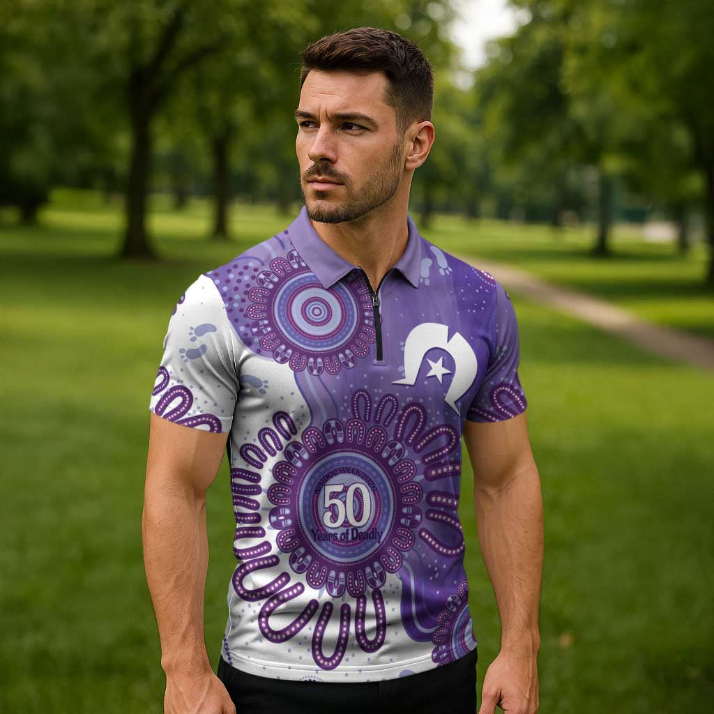 NAIDOC Week 2026 Zipper Polo Shirt 50 Years Deadly Dhari Purple Aboriginal Art