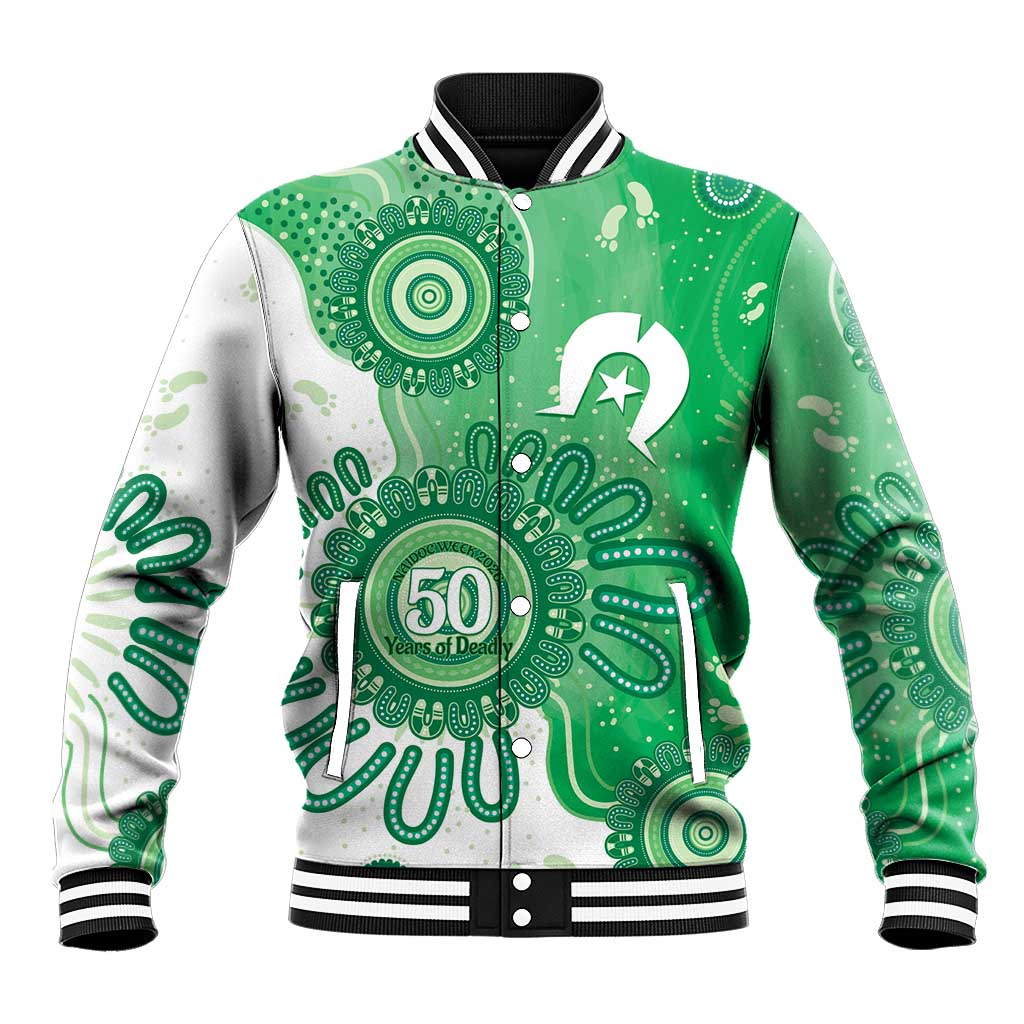 NAIDOC Week 2026 Baseball Jacket 50 Years Deadly Dhari Green Aboriginal Art