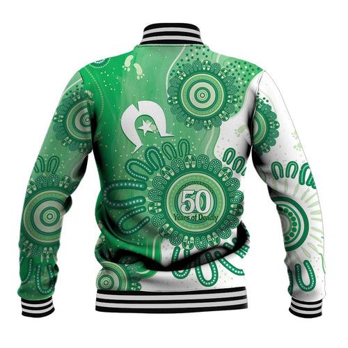NAIDOC Week 2026 Baseball Jacket 50 Years Deadly Dhari Green Aboriginal Art