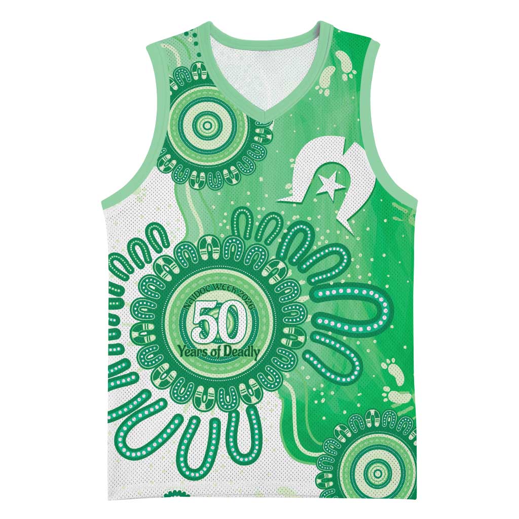 NAIDOC Week 2026 Basketball Jersey 50 Years Deadly Dhari Green Aboriginal Art