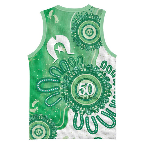 NAIDOC Week 2026 Basketball Jersey 50 Years Deadly Dhari Green Aboriginal Art