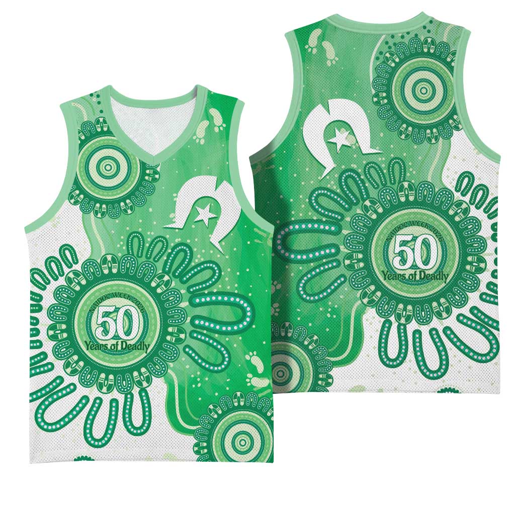 NAIDOC Week 2026 Basketball Jersey 50 Years Deadly Dhari Green Aboriginal Art