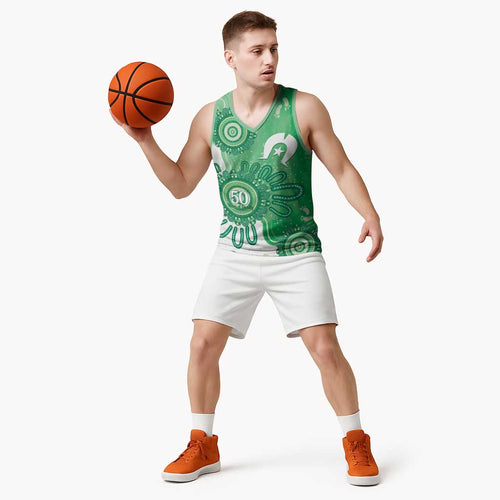 NAIDOC Week 2026 Basketball Jersey 50 Years Deadly Dhari Green Aboriginal Art