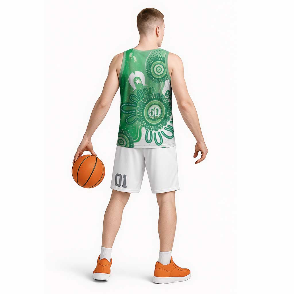 NAIDOC Week 2026 Basketball Jersey 50 Years Deadly Dhari Green Aboriginal Art