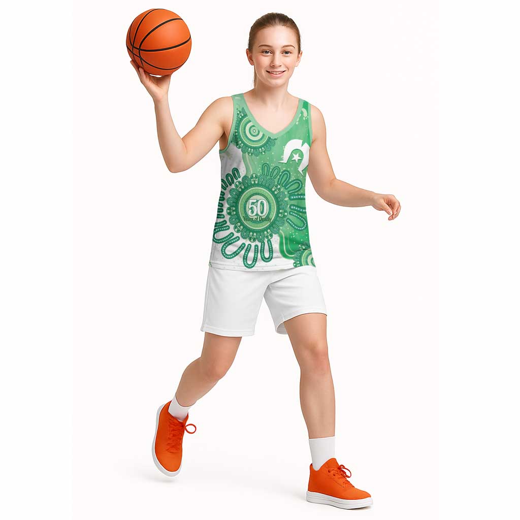 NAIDOC Week 2026 Basketball Jersey 50 Years Deadly Dhari Green Aboriginal Art