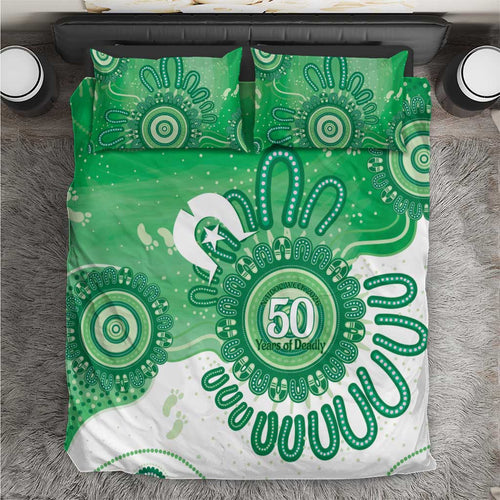 NAIDOC Week 2026 Bedding Set 50 Years Deadly Dhari Green Aboriginal Art