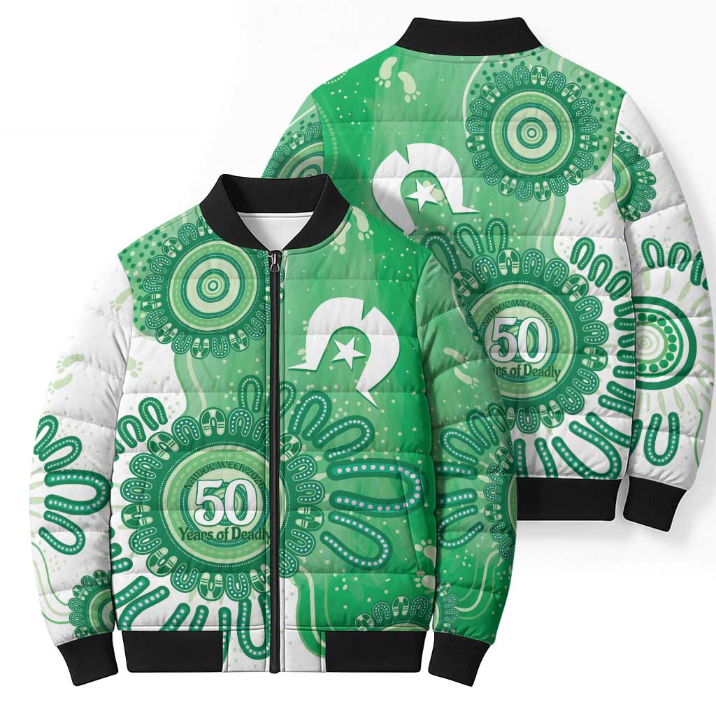 NAIDOC Week 2026 Bomber Puffer Jacket 50 Years Deadly Dhari Green Aboriginal Art