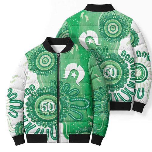 NAIDOC Week 2026 Bomber Puffer Jacket 50 Years Deadly Dhari Green Aboriginal Art