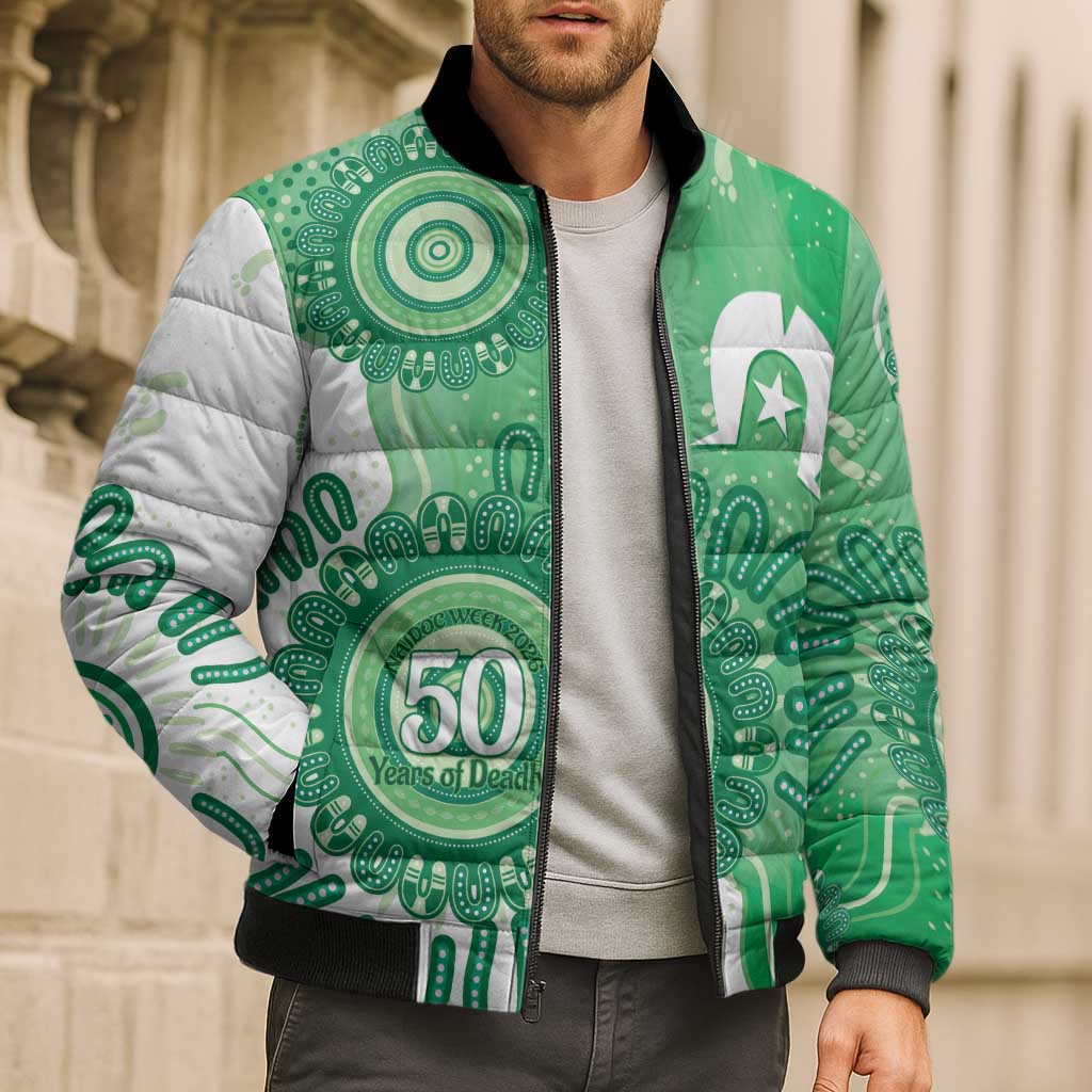NAIDOC Week 2026 Bomber Puffer Jacket 50 Years Deadly Dhari Green Aboriginal Art