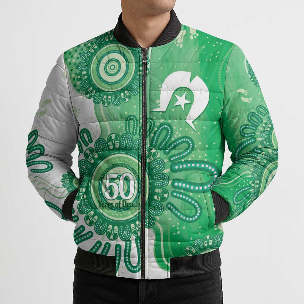NAIDOC Week 2026 Bomber Puffer Jacket 50 Years Deadly Dhari Green Aboriginal Art