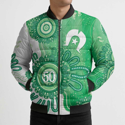NAIDOC Week 2026 Bomber Puffer Jacket 50 Years Deadly Dhari Green Aboriginal Art