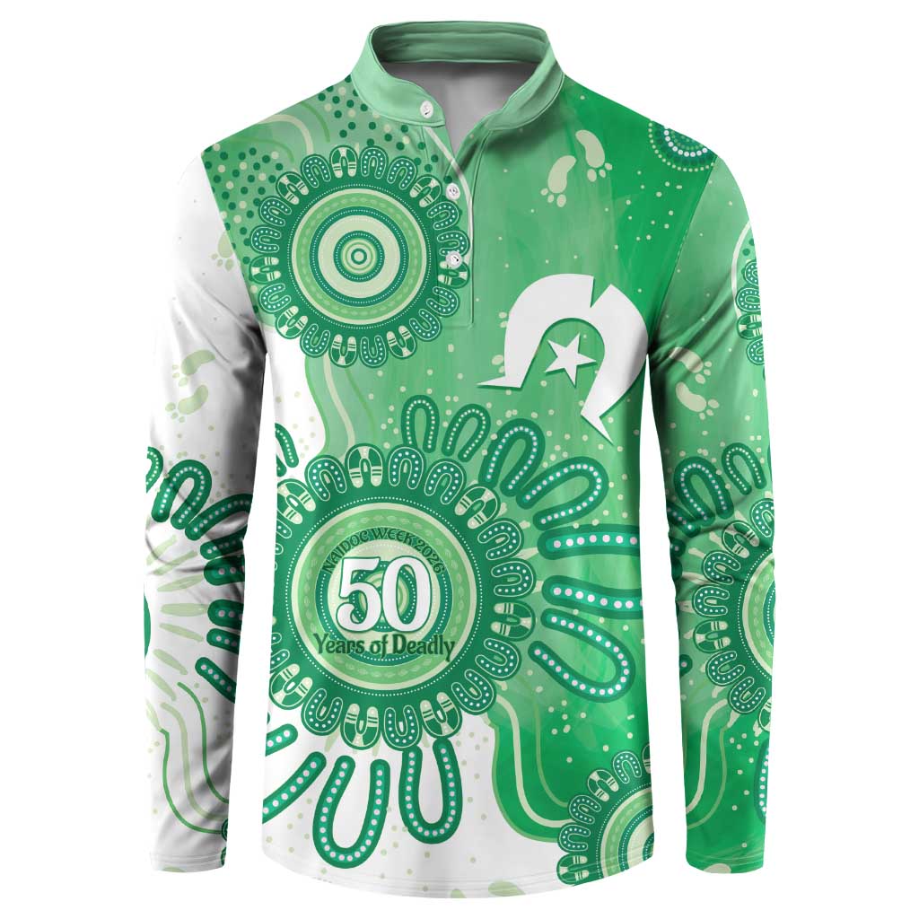 NAIDOC Week 2026 Button Sweatshirt 50 Years Deadly Dhari Green Aboriginal Art