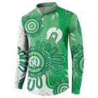 NAIDOC Week 2026 Button Sweatshirt 50 Years Deadly Dhari Green Aboriginal Art