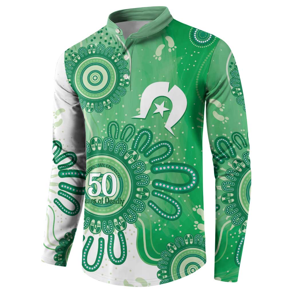 NAIDOC Week 2026 Button Sweatshirt 50 Years Deadly Dhari Green Aboriginal Art