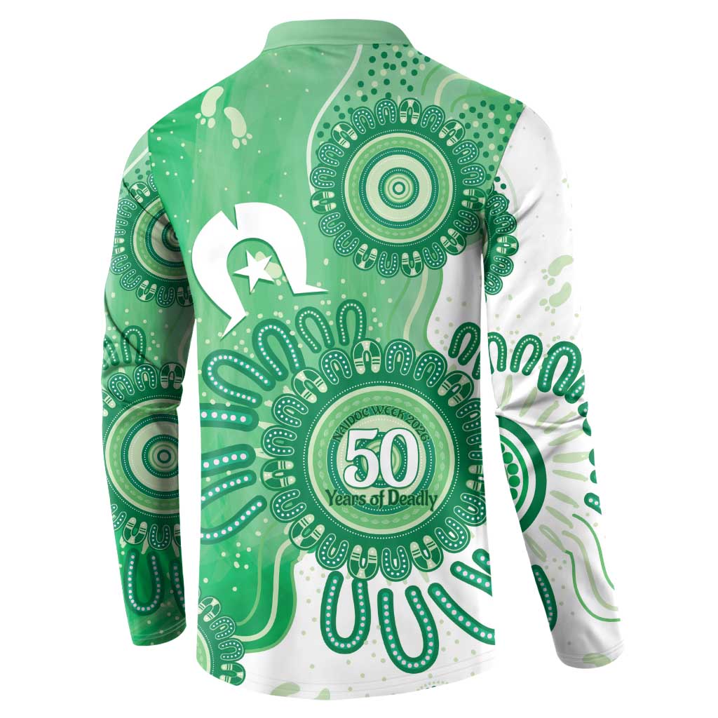 NAIDOC Week 2026 Button Sweatshirt 50 Years Deadly Dhari Green Aboriginal Art