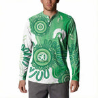 NAIDOC Week 2026 Button Sweatshirt 50 Years Deadly Dhari Green Aboriginal Art