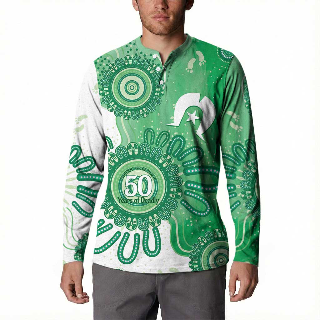 NAIDOC Week 2026 Button Sweatshirt 50 Years Deadly Dhari Green Aboriginal Art