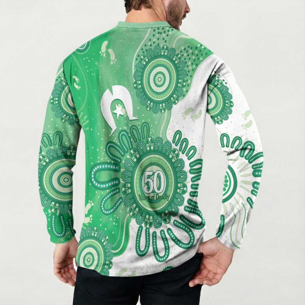 NAIDOC Week 2026 Button Sweatshirt 50 Years Deadly Dhari Green Aboriginal Art