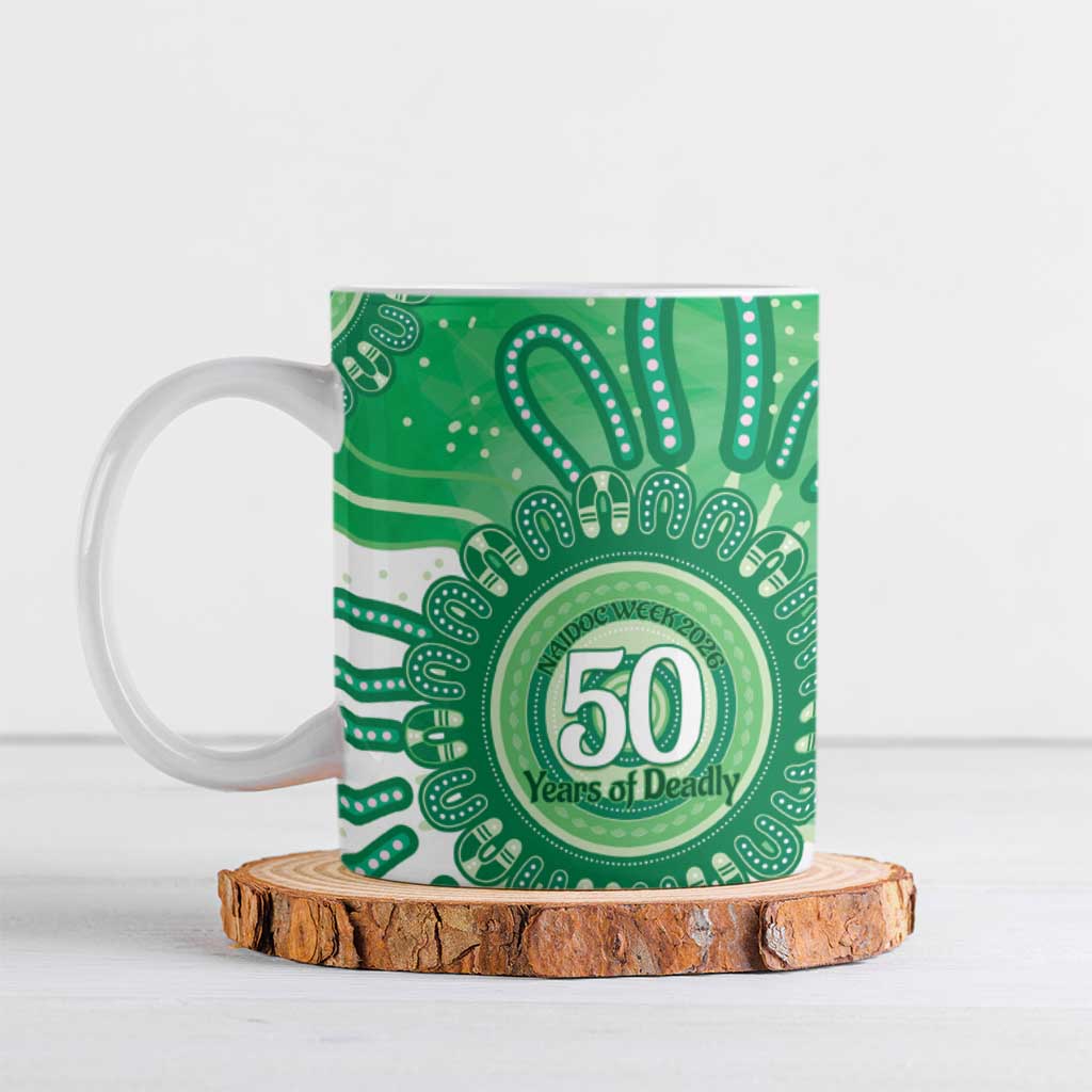 NAIDOC Week 2026 Ceramic Mug 50 Years Deadly Dhari Green Aboriginal Art