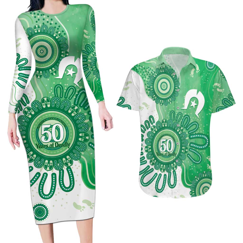 NAIDOC Week 2026 Couples Matching Long Sleeve Bodycon Dress and Hawaiian Shirt 50 Years Deadly Dhari Green Aboriginal Art