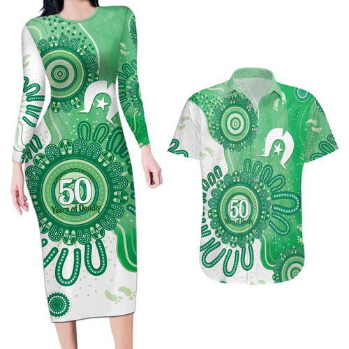 NAIDOC Week 2026 Couples Matching Long Sleeve Bodycon Dress and Hawaiian Shirt 50 Years Deadly Dhari Green Aboriginal Art