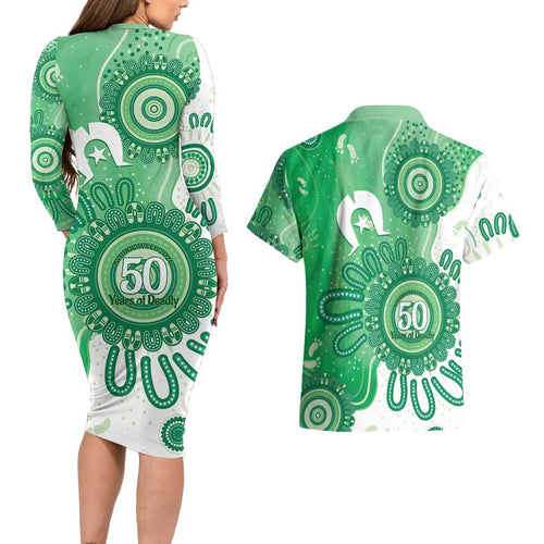 NAIDOC Week 2026 Couples Matching Long Sleeve Bodycon Dress and Hawaiian Shirt 50 Years Deadly Dhari Green Aboriginal Art
